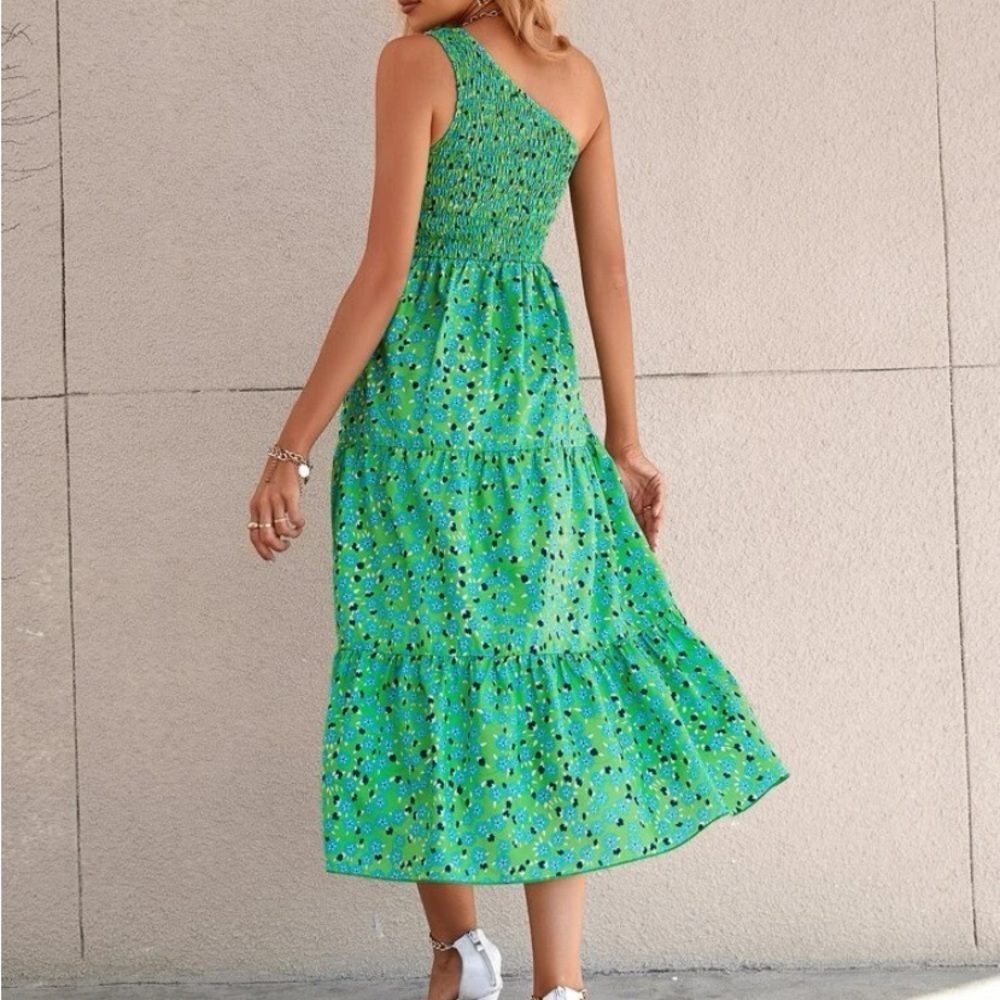 New One shoulder green floral sleeveless dress - Picture 4 of 6